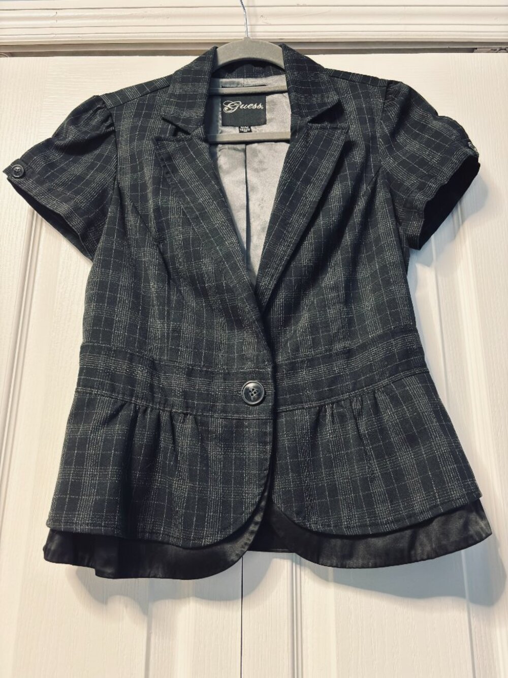 GUESS Grey Plaid Peplum Short Sleeve Blazer Jacket M